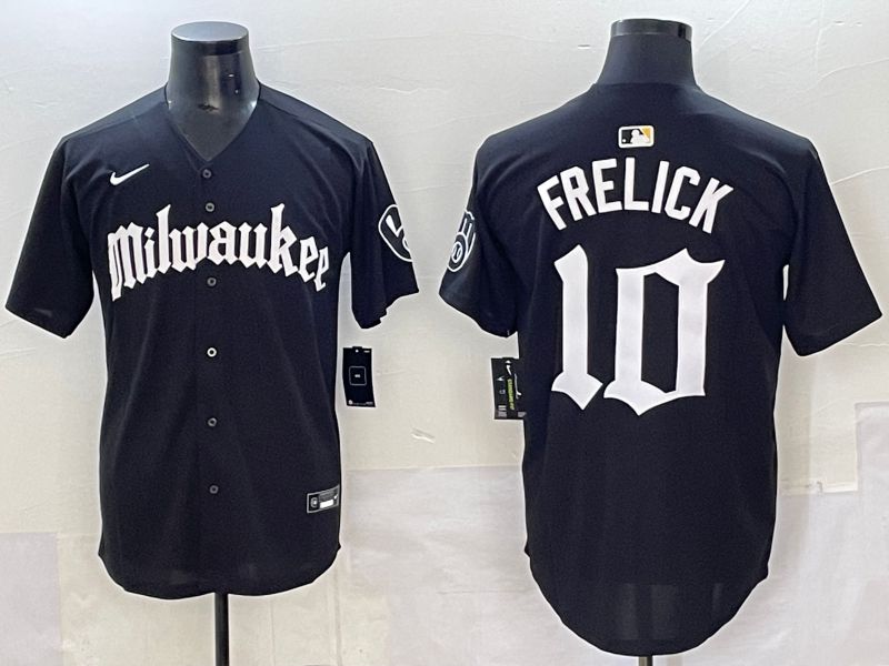 Men 2025 Milwaukee Brewers #10 Frelick Black Five generations Joint Name Nike MLB Jersey style 02